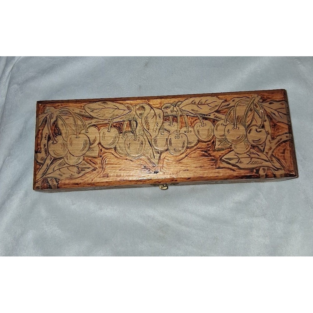 Vintage Flemish 681 Art Wooden Box Cherry Pyrography Red Velvet Lined 11.5"